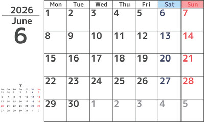 シンプルなデザインの2026年6月の月曜始まりマンスリーカレンダー素材