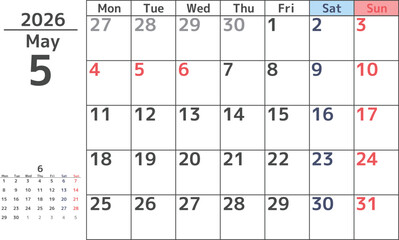 シンプルなデザインの2026年5月の月曜始まりマンスリーカレンダー素材