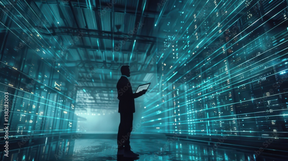 Poster futuristic concept of a cto holding a laptop in a data center warehouse, with digital information li