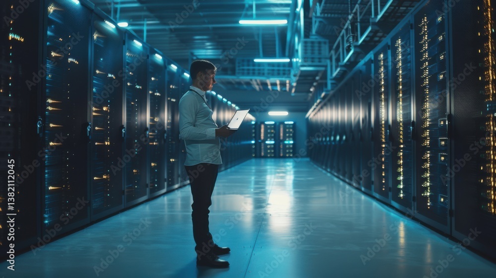 Poster futuristic concept of a cto holding a laptop in a data center warehouse, with digital information li