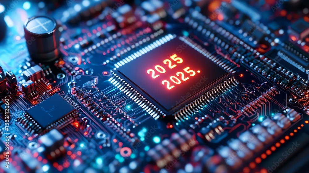 Poster circuit board with glowing elements displaying the year 2025 in a futuristic technology setting