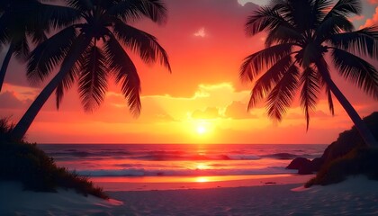 A breathtaking tropical sunset over the beach, with silhouettes of palm trees framing the scene, creating the perfect atmosphere for summer travel and vacation vibes