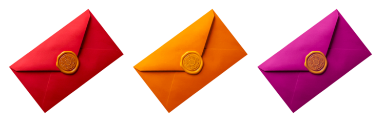 sealed envelopes with wax seal in three colors isolated on white background