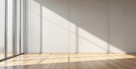 Obraz premium Empty modern interior with wooden floor and blank wall, sunlight casting shadows, minimalist background ideal for poster mockup or design template. Ai generative