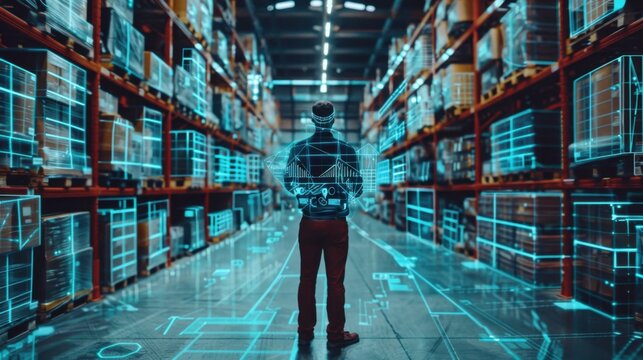 Futuristic retail warehouse with a worker doing inventory while digital processes analyze goods, cardboard boxes, and products, with delivery infographics in a logistics distribution center.

