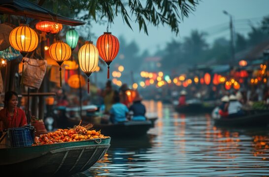 A traditional floating market in Vietnam, with lanterns