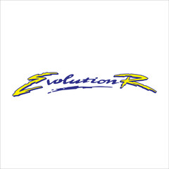 The evolution R lettering is blue and yellow on a white background 