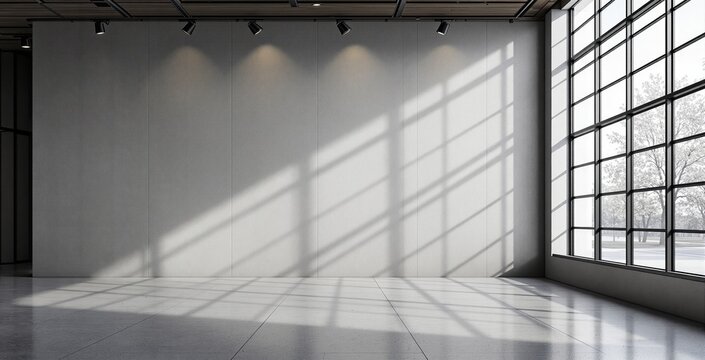 Empty modern interior space with a blank wall and window shadows, minimalistic design style, concrete floor, concept of mockup or poster layout. Ai generative