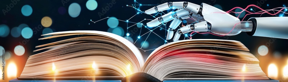 Poster robot hand interacting with open book digital reading virtual environment futuristic concept