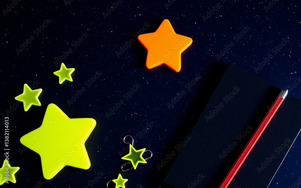 Poster dark night scene with scattered stars and star-shaped objects near a black notebook with a red penci