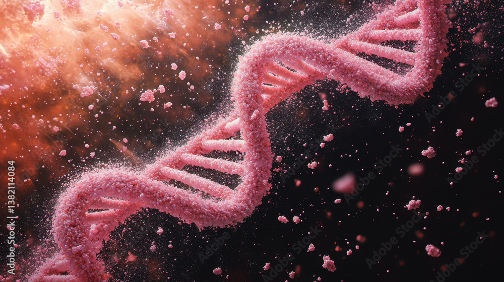 Poster stunning visualization of pink dna helix with intricate strands floating in cosmic background, evoki