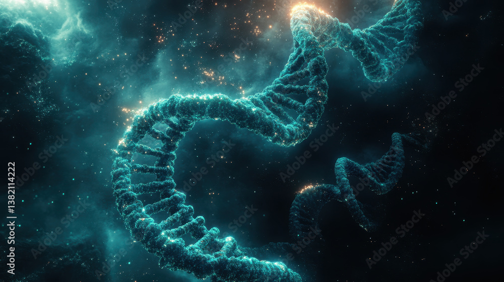 Poster mesmerizing visualization of dna strands forming helix in cosmic setting, showcasing beauty of genet
