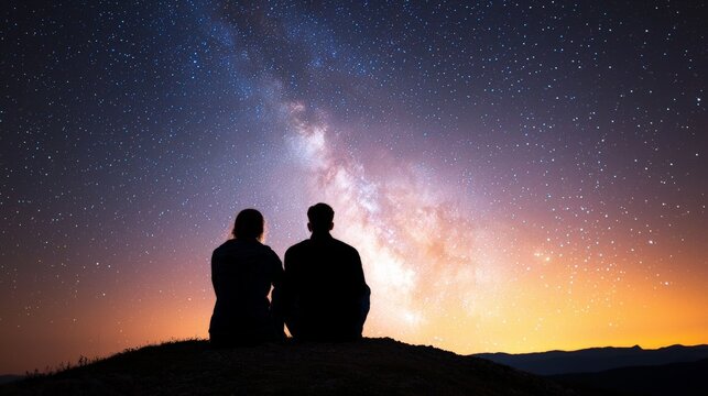 A couple sits together under a starry sky, gazing at the Milky Way, surrounded by serene nature and a vibrant twilight.