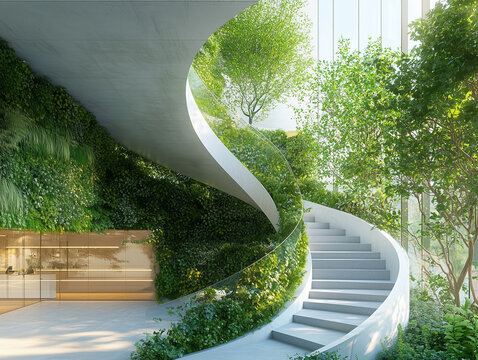 Sustainable architecture with biophilic design concept of interaction between humans and nature. Curved staircase with indoor plants and shrubs for natural cohabitation