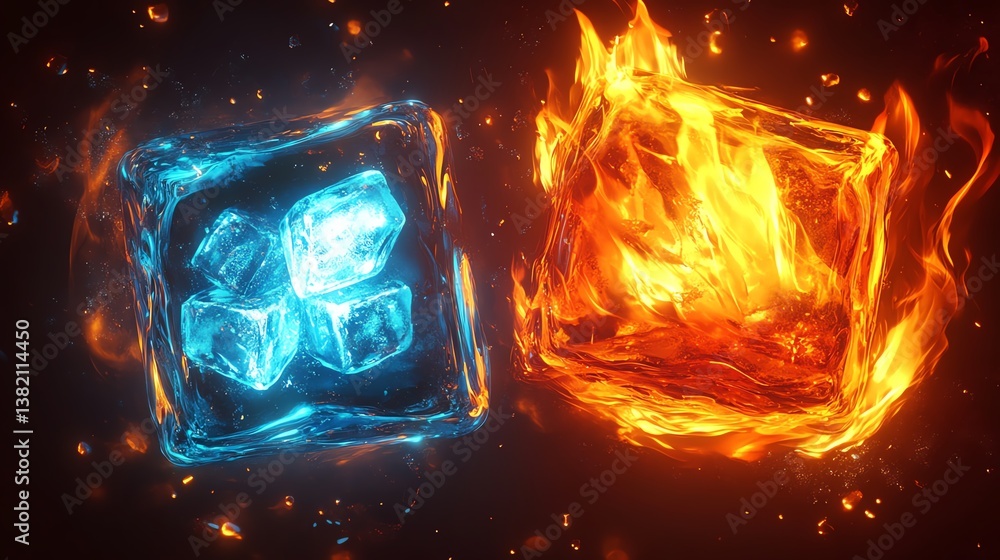 Poster visual contrast of ice cubes and fire flames representing opposing elements in a creative compositio