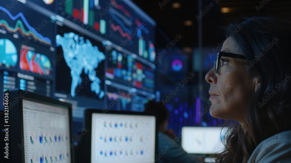 Poster hispanic female senior data scientist reviewing risk management reports on a big digital screen in a