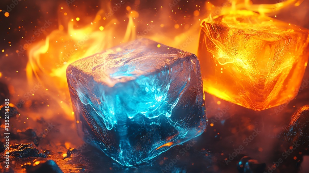 Poster contrast of fire and ice with vibrant colors showcasing dynamic interaction between elements