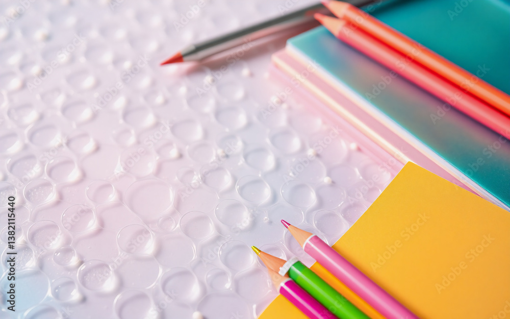 Poster close-up top view of colorful stationery items arranged on a textured light surface. pencils, pen, a