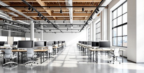 Spacious open plan office interior with modern design, minimalist furniture, natural lighting, and industrial ceiling on a bright daylight background. Ai generative