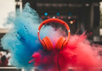 Orange Headphones in Vibrant Color Powder Explosion Music, Party, Festival Concept.