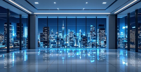 Futuristic modern interior with large glass windows overlooking illuminated cityscape at night, sleek design concept of urban luxury. Ai generative