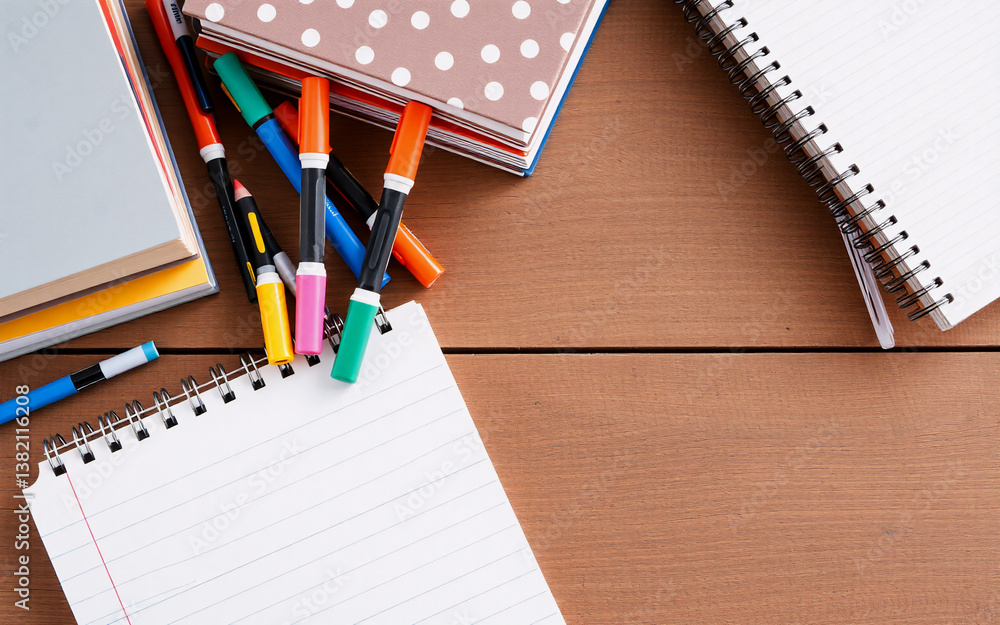 Poster a top-down view displays colorful markers and stacked notebooks arranged on a grainy wooden surface,