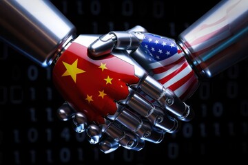 A futuristic handshake between robotic hands adorned with the flags of China and the USA, symbolizing collaboration in technology