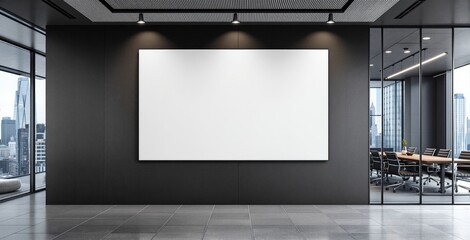 Large blank poster mockup on dark wall in modern office interior, conference room with glass walls and city view, concept of design layout. Ai generative