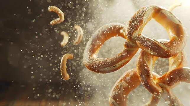Savor the Classic Salty Aroma: The Allure of Soft Pretzels! The picture focuses on the golden and attractive soft pretzels, evenly covered with coarse salt grains that glisten under the light. Its uni