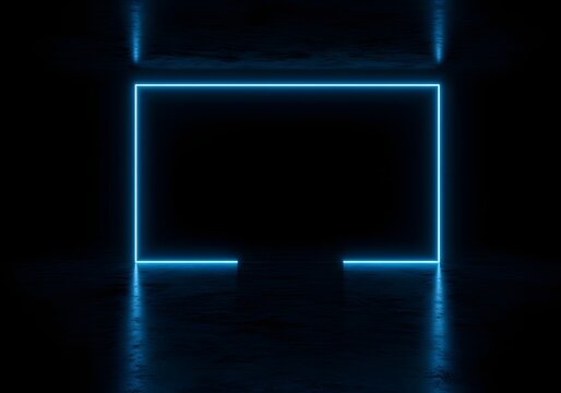 Abstract Neon Blue Glowing Frame on Dark Background, Digital Art Concept, Futuristic Design, Technology Illustration