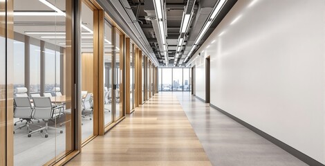 Spacious office hallway with glass meeting rooms, modern interior style, wooden and concrete floor, white walls, ceiling lights, concept of urban workspace. Ai generative