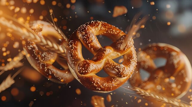 Savor the Classic Salty Aroma: The Allure of Soft Pretzels! The picture focuses on the golden and attractive soft pretzels, evenly covered with coarse salt grains that glisten under the light. Its uni