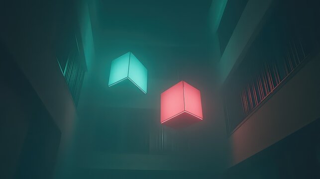 Two glowing cubes float in dark atrium space