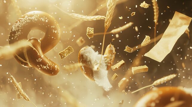Savor the Classic Salty Aroma: The Allure of Soft Pretzels! The picture focuses on the golden and attractive soft pretzels, evenly covered with coarse salt grains that glisten under the light. Its uni