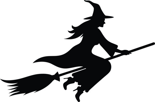 recommend clip art: witch flying on a broomstick line art silhouette vector, Halloween clip art vector 