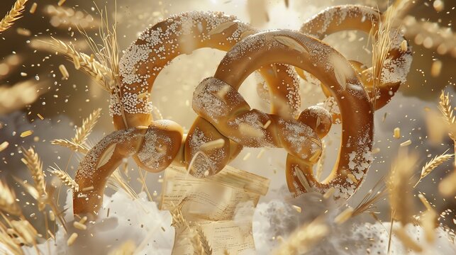 Savor the Classic Salty Aroma: The Allure of Soft Pretzels! The picture focuses on the golden and attractive soft pretzels, evenly covered with coarse salt grains that glisten under the light. Its uni