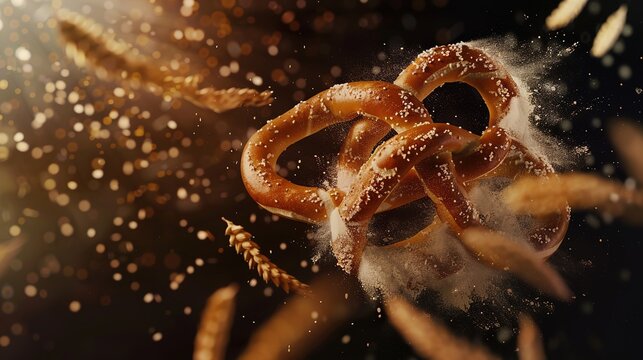 Savor the Classic Salty Aroma: The Allure of Soft Pretzels! The picture focuses on the golden and attractive soft pretzels, evenly covered with coarse salt grains that glisten under the light. Its uni