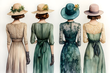 Elegant Ensemble: A group of four women, viewed from the back, display the elegant attire, from flowing dresses to adorned hats, evoking a sense of vintage charm and timeless sophistication. 