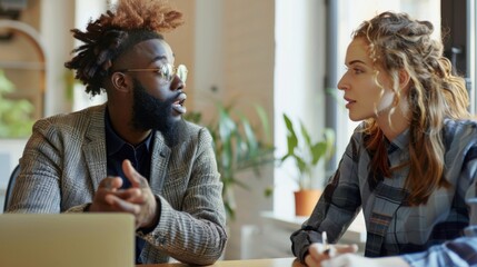Two creative entrepreneurs discuss growth strategies in a modern office conference room, collaborating on investment and marketing projects with a diverse team.