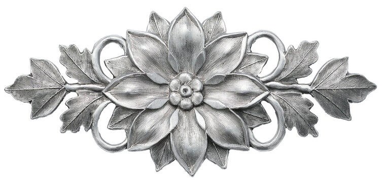 symmetric silver flower sculpture art for wall decoration isolated on white background