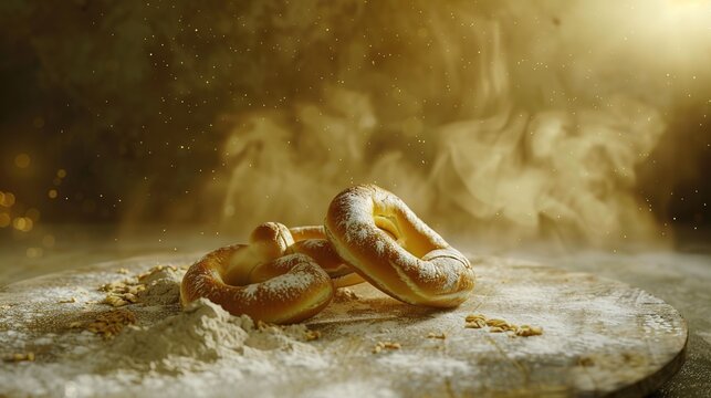 Savor the Classic Salty Aroma: The Allure of Soft Pretzels! The picture focuses on the golden and attractive soft pretzels, evenly covered with coarse salt grains that glisten under the light. Its uni