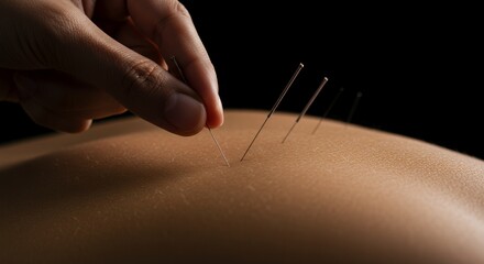 Silver Acupuncture Needle Placement on Tanned Skin Against Dark Background