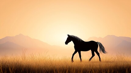 Silhouette of a horse against a sunset backdrop with mountains.