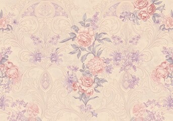 Delicate Floral Pattern, Romantic Roses and Lilacs Design, Vintage Wallpaper Texture, Pastel Colors, Ornamental Background.