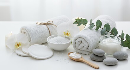 Serene Spa Still Life: White Towels, Orchids, and Cleansing Products on White Background