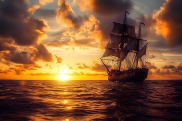 Sailing Ship at Sunset on Calm Ocean