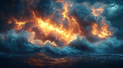 Celestial Inferno: An awe-inspiring celestial scene, featuring dramatic storm clouds ablaze with vibrant lightning, creating a breathtaking and powerful spectacle above the turbulent waters.
