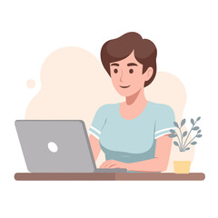 Young woman smiling while working on a laptop with a plant background  