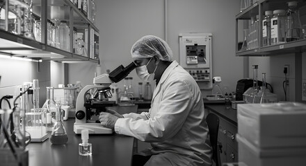 Monochrome scientist in lab coat examining sample through microscope, surrounded by glassware and research equipment.