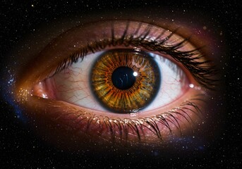 Cosmic Eye Brown Eye Detail with Universe Overlay, Iris, Pupil, Eyelashes, Stargazing Concept, Space